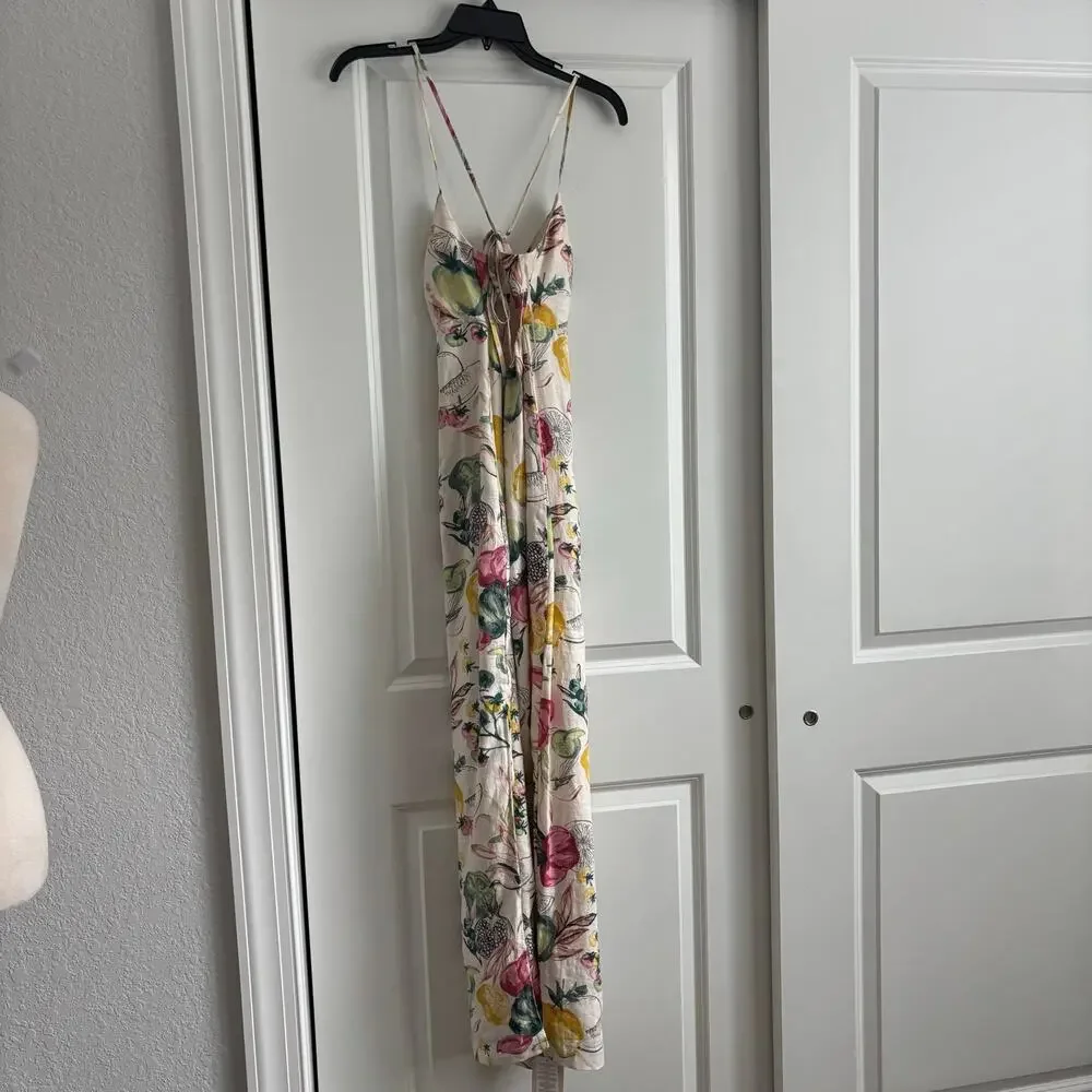 NWT Abercrombie & Fitch Premium Linen Cutout Midi Dress Vegetable Print Medium